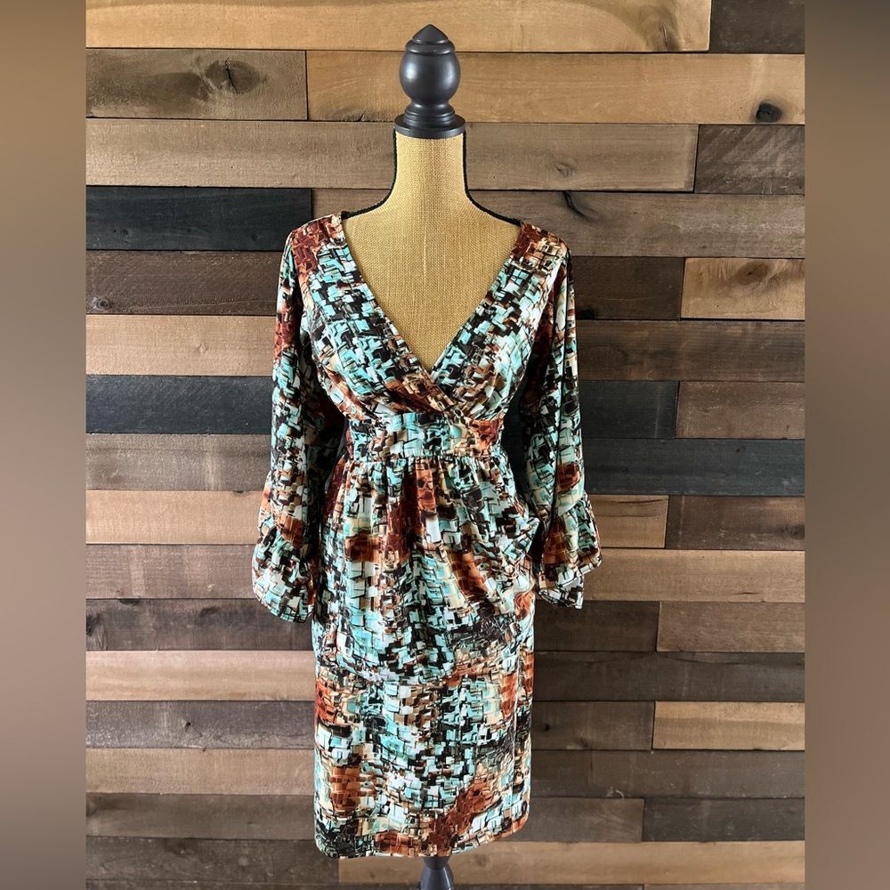 Betsey Johnson Set Shirt & Skirt Medium Brown Green Geometric Bell Sleeve Top